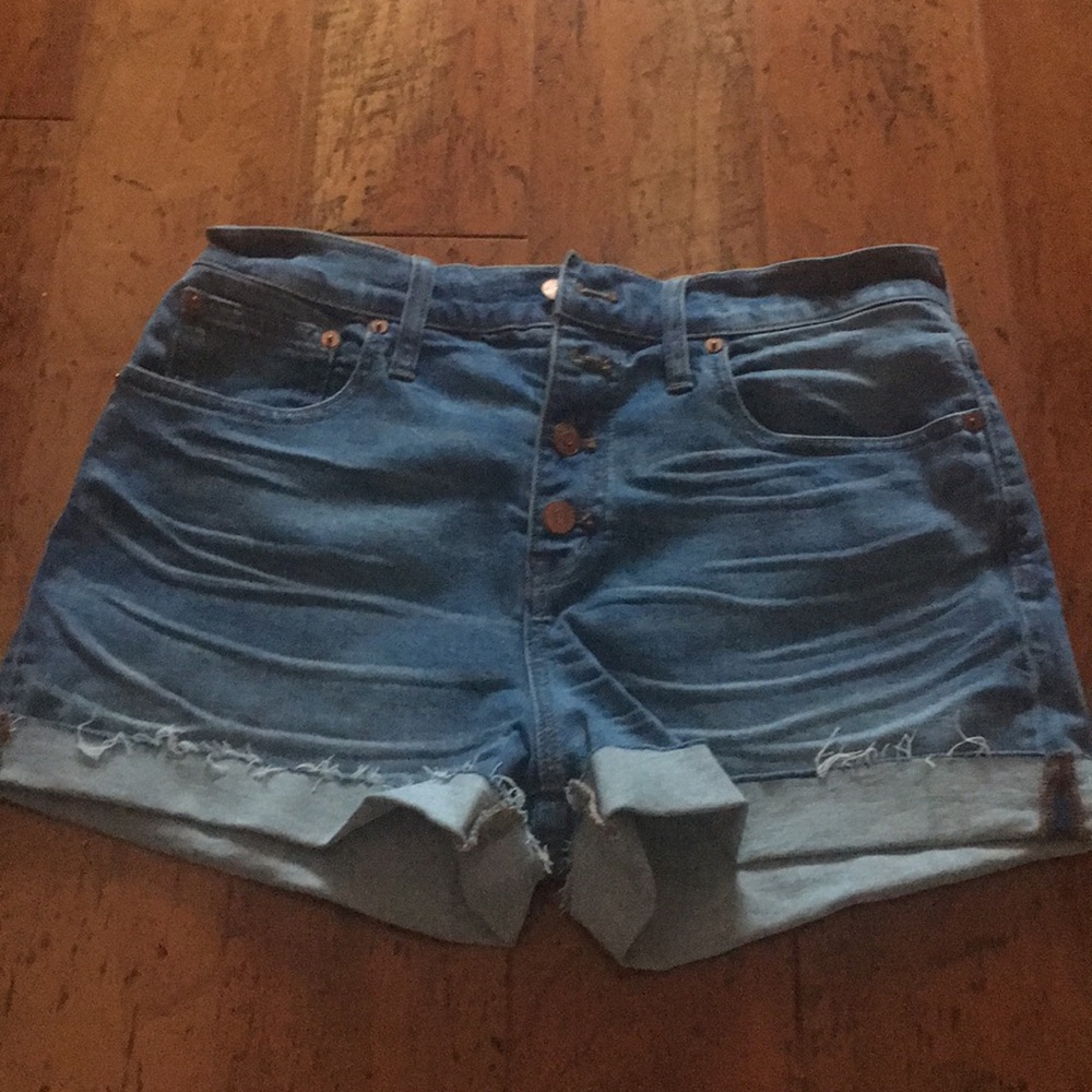 high-rise denim shorts.